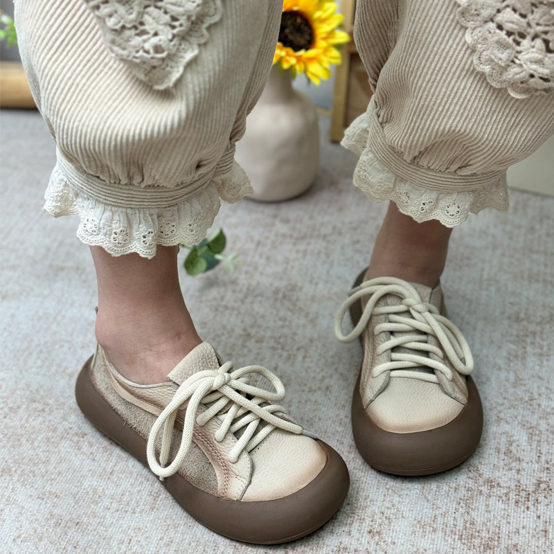 丑乐真皮女鞋平底鞋2025春夏新款休闲复古牛皮单鞋系带软底妈妈鞋,女鞋,浅口单鞋,淘宝优惠券,粉丝福利购,淘宝优惠卷