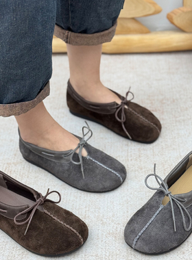 丑乐复古真皮单鞋女反绒一脚蹬绑带平底中老年妈妈鞋轻便平底女鞋