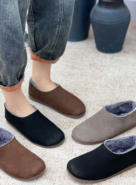 真皮棉鞋女冬加绒加厚头层牛皮保暖单鞋瓢鞋休闲手工纯羊毛豆豆鞋