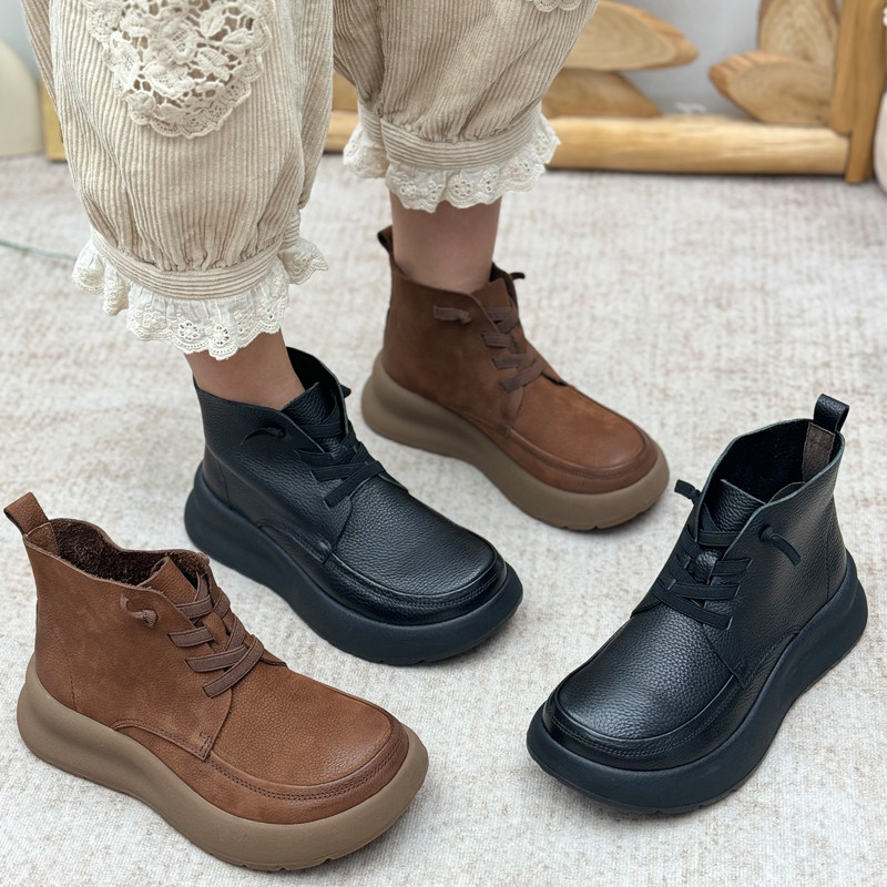 真皮厚底短靴女2025新款复古增高小个子马丁靴百搭时装靴手工靴子,女鞋,时装靴,淘宝优惠券,粉丝福利购,淘宝优惠卷