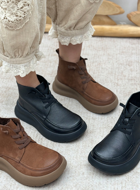 真皮厚底短靴女2025新款复古增高小个子马丁靴百搭时装靴手工靴子