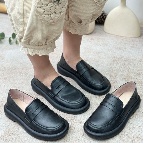 真皮单鞋女皮鞋软底一脚蹬中年妈妈女鞋乐福鞋牛皮工作鞋黑色宽头