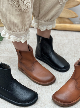 复古真皮短靴女休闲平底单靴圆头烟筒靴侧拉链时装靴软底马丁靴子