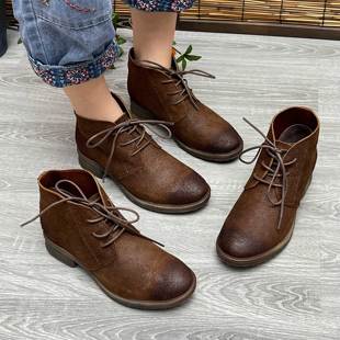 丑乐春秋新款 民族风森女帅气真皮复古系带平跟英伦风短靴马丁靴