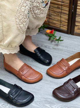 真皮休闲单鞋春夏新款妈妈鞋浅口懒人鞋圆头平底软底头层牛皮女鞋