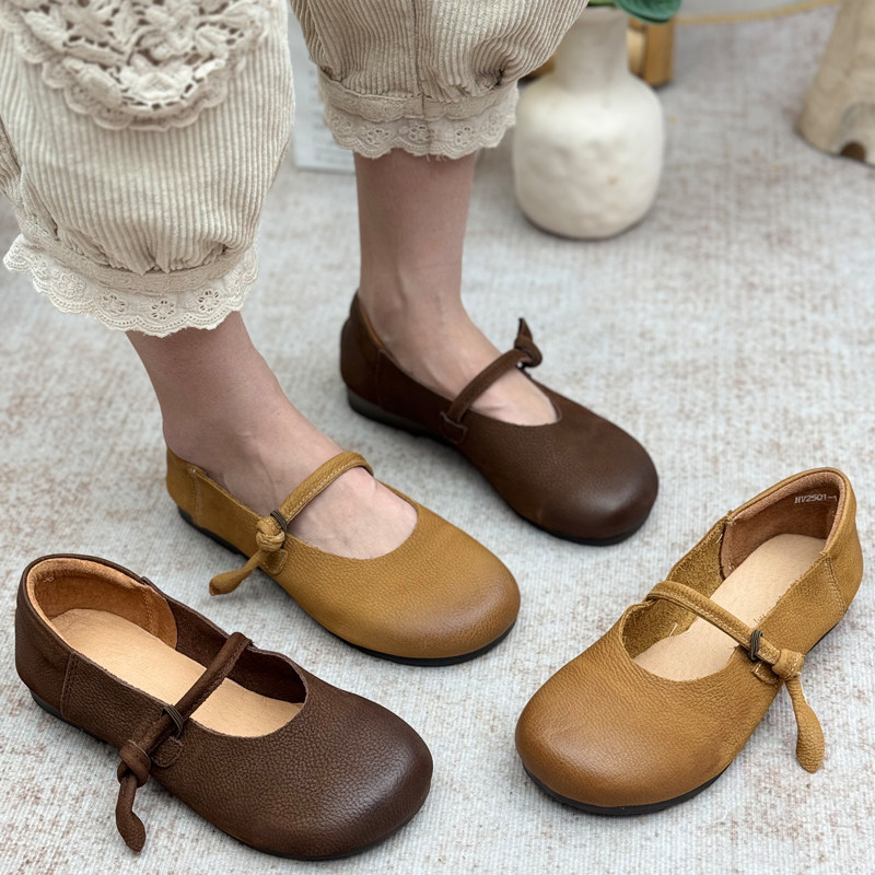 民族风复古女鞋牛皮奶奶鞋浅口皮鞋平底单鞋中年真皮妈妈鞋秋新款