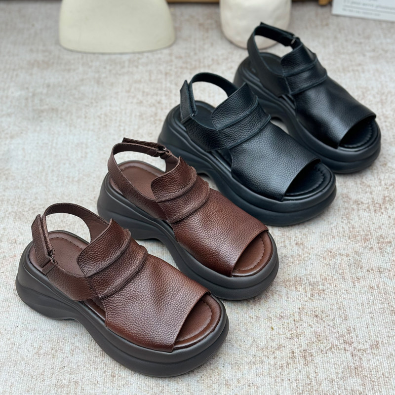 手工真皮厚底凉鞋女2025新款夏季女鞋复古小个子增高露趾凉鞋轻便,女鞋,时装凉鞋,淘宝优惠券,粉丝福利购,淘宝优惠卷