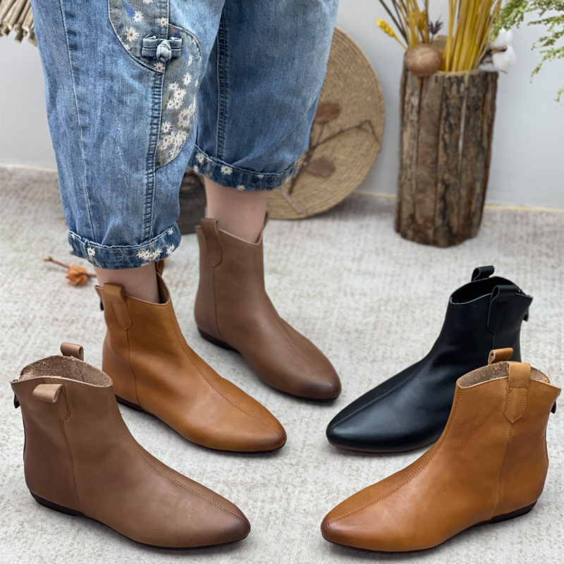 丑乐复古手工真皮女靴尖头