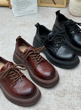 头层牛皮厚底乐福鞋女2025新款英伦风系带单鞋真皮增高黑色小皮鞋