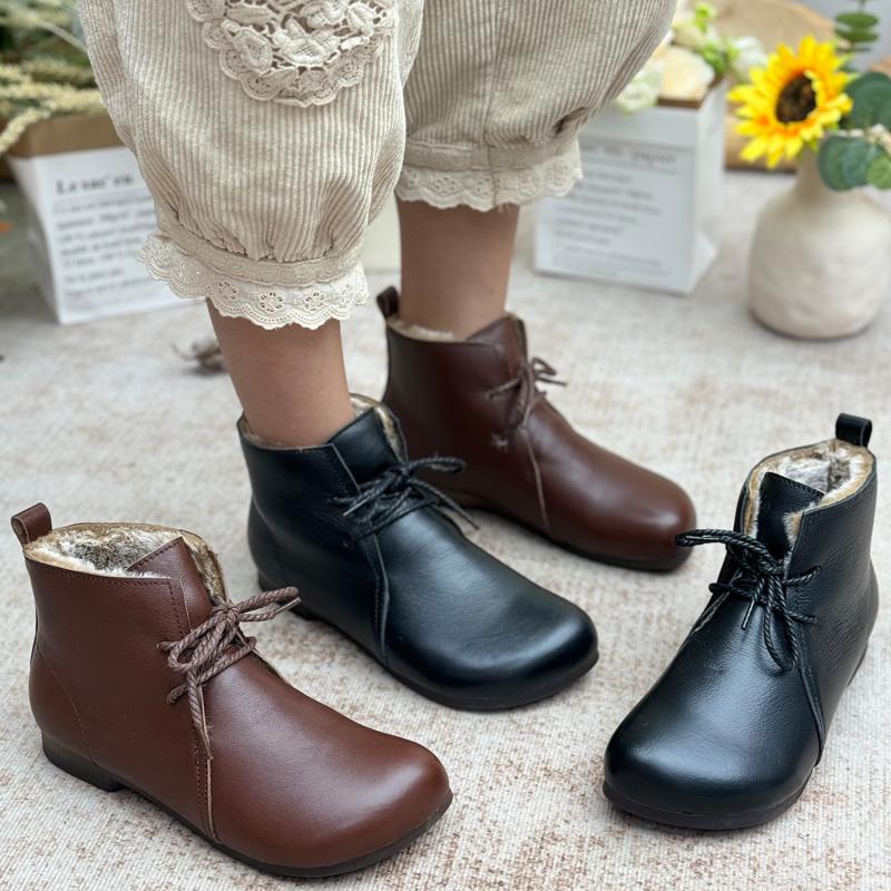 手工真皮短筒加绒女靴