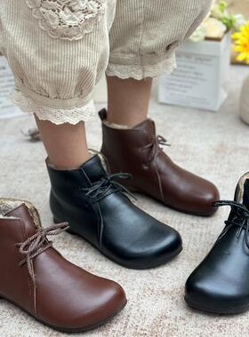 手工真皮短靴女加绒保暖复古平底圆头单靴2025年新款马丁靴妈妈鞋