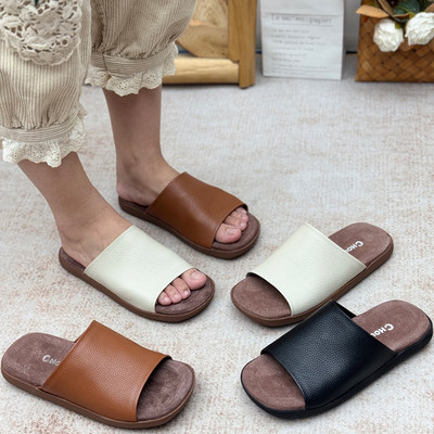 丑乐夏季真皮平底女一字拖
