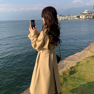 卡其色系带收腰长款风衣外套女2025春季新款高级感韩系英伦风大衣图片