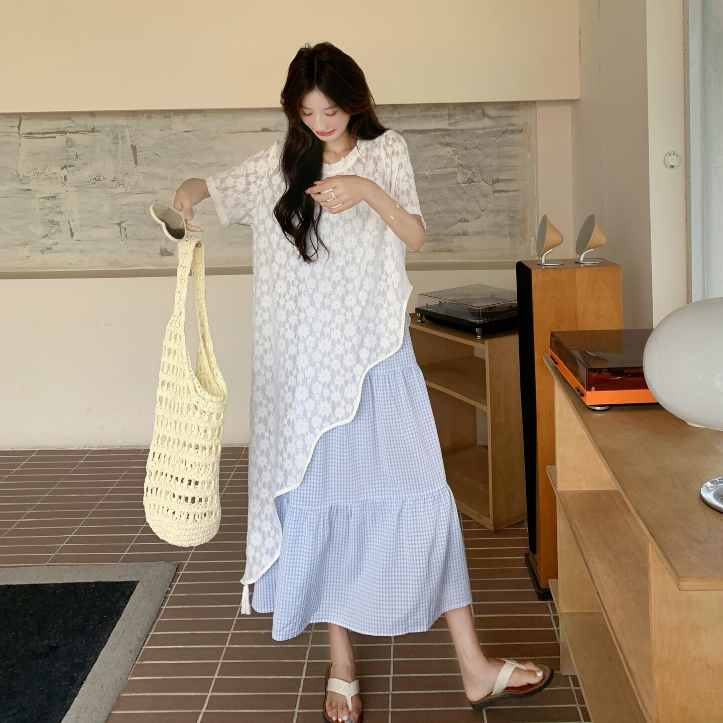 不规则蕾丝罩衫吊带连衣裙套装女夏2025新款高级感绝美穿搭两件套,女装连衣裙,韩秀