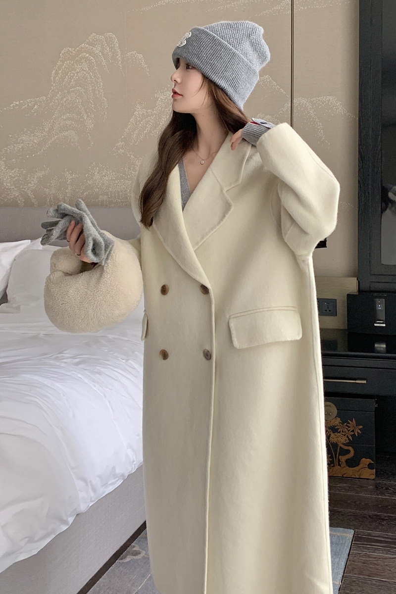 白色中长款双面羊绒大衣女2024冬季新款韩系小个子宽松毛呢外套,女装毛呢外套,韩秀