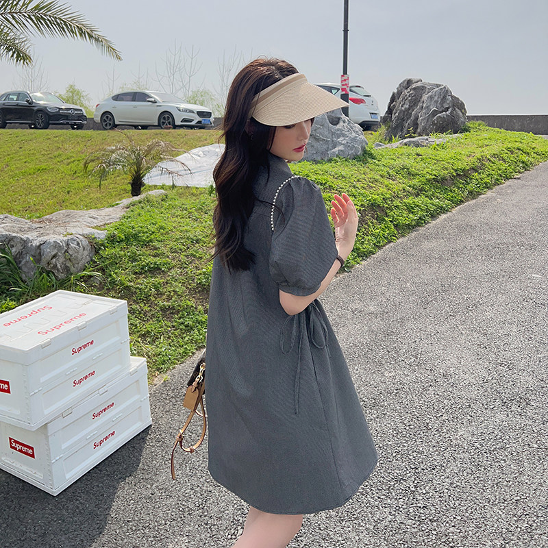 学院风收腰显瘦连衣裙2025夏季新款小个子设计感抽绳简约纯色Polo,女装连衣裙,韩秀