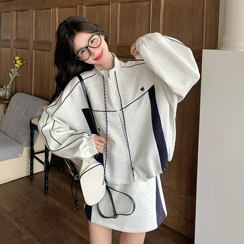 拼色运动风卫衣套装裙女2025春新款韩系休闲立领外套半身裙两件套,女装套装/套裙,韩秀
