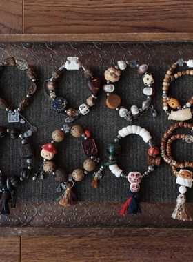 原创手作文玩手串复古风木质多宝串珠手绳配饰男女款手工个性手链