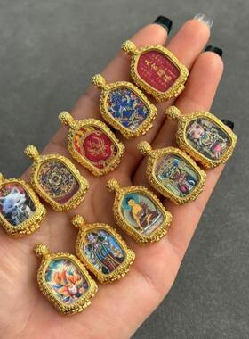 黄铜小唐卡半手绘描金扎基拉姆黄财神项链绳中国风复古饰品嘎乌盒