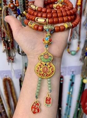 南红色红石108佛珠景泰蓝一鸣惊人珐琅彩葫芦配饰文玩脖挂毛衣链