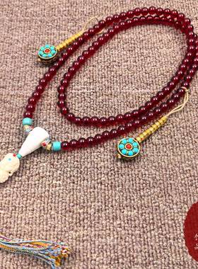 雪巴红琉璃脖挂链尼泊尔风格民族风配饰搭配手工棉绳流苏通用款