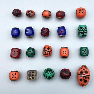 藏传料器散珠藏式文玩佛珠隔珠腰珠手工雕刻阿呆骰子黄铜镶嵌孔道