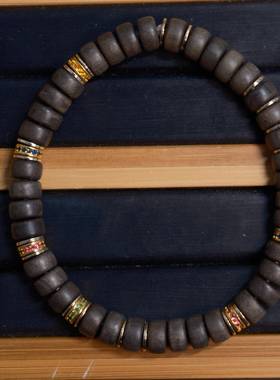 原创金丝檀木阴沉木单圈手链搭配纯铜钻片文玩饰品佛珠手串T3122