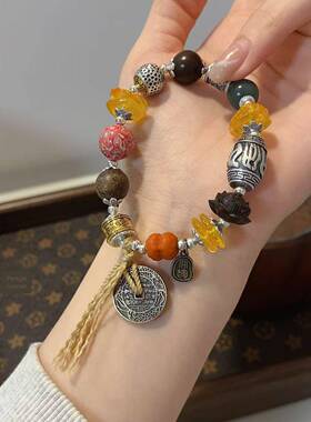 原创天然琥珀蜜蜡沉香手炼搭配欧珀大漆山西手工錾银