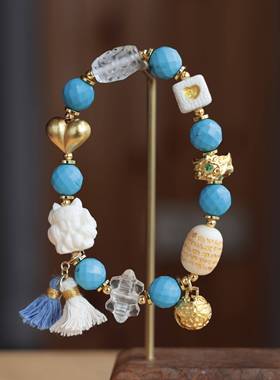 原创菱镁多宝手链搭配牛骨凤九六字箴言桶珠爱心方块天然白水晶