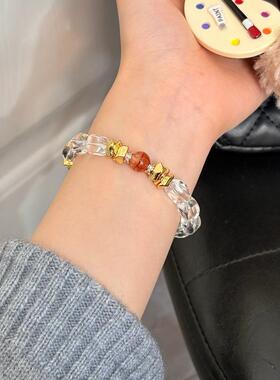 【红茶】白水晶随型红胶花水晶手串女小众设计优雅时尚手饰品