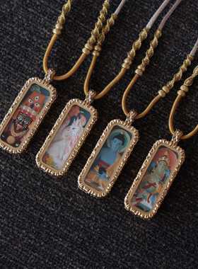 黄铜锤纹手工彩绘扎基药师绿度母凤九唐卡吊坠项坠守护平安财富