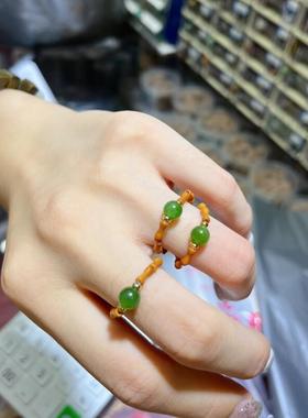 原创设计橄榄核戒指搭配天然碧玉戒指天然女款碧玉圆珠礼物