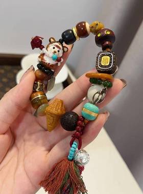 原创鹿角熊多宝手链搭配驼骨竹节沉香回纹珠纯铜
