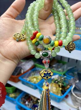 雪巴琉璃脖挂佛珠男女款搭配红绿灯降魔杵手搓棉绳流苏精品项链