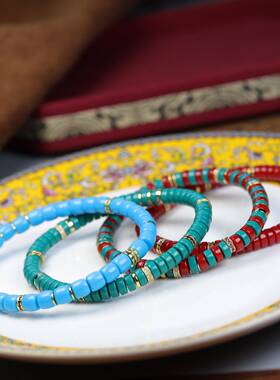 高瓷绿松石彩钻手串男女款直切药片文玩礼物单圈饰品