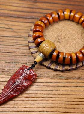 藏式牦牛骨药片珠随型珠手串手持老蜡色回流民族风骨串古龙纹吊坠