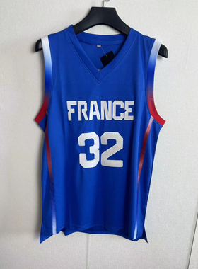 2024法国国家队维克托·文班亚马32号蓝色刺绣球衣休闲篮球服背心