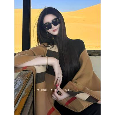 针织衫外套女高级名媛千金覆古格子斗篷式披肩开衫休闲英伦风上衣