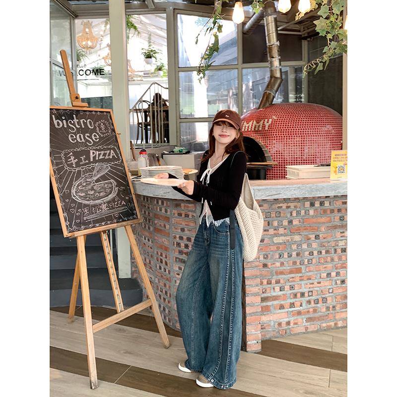 切糕自制小个子秋季宽松女设计感牛仔裤阔腿裤棕色新款高级裤子