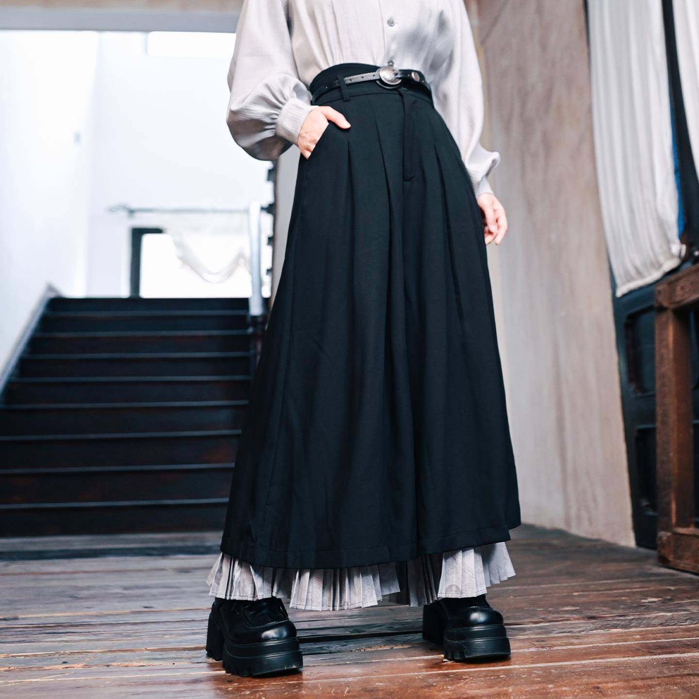 古怪舍「铸魂」新中式双层压褶大阔腿裙裤女黑色国风高腰显瘦裤子