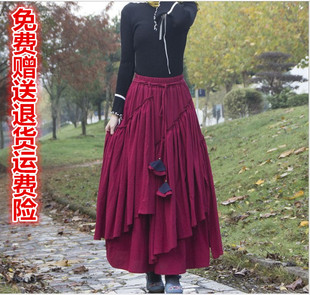 新款民族风长裙春秋冬加厚灯芯绒超长超大摆不规则女装半身裙跳舞