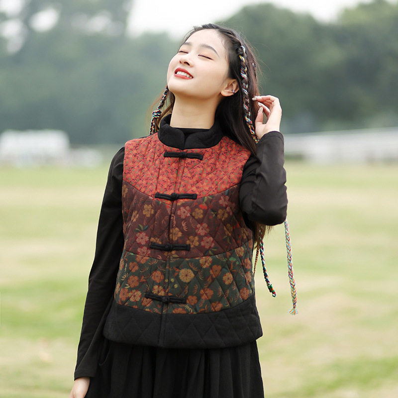 民族风马甲女款秋冬新款中式立领复古盘扣拼接棉麻印花外穿棉背心