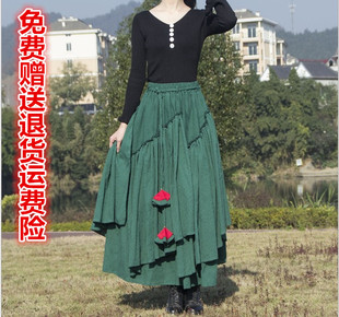 2026民族风不规则下摆棉布格子半身棉麻春夏秋冬女舞蹈演出大摆裙