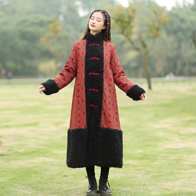 2024秋冬女装新款民族风中式复古唐装棉袄女中长款拼接棉衣潮