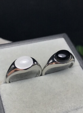 A079天然黑玛瑙白玉7*9宝石戒指活口可调节白铜托非纯银托ZC成品