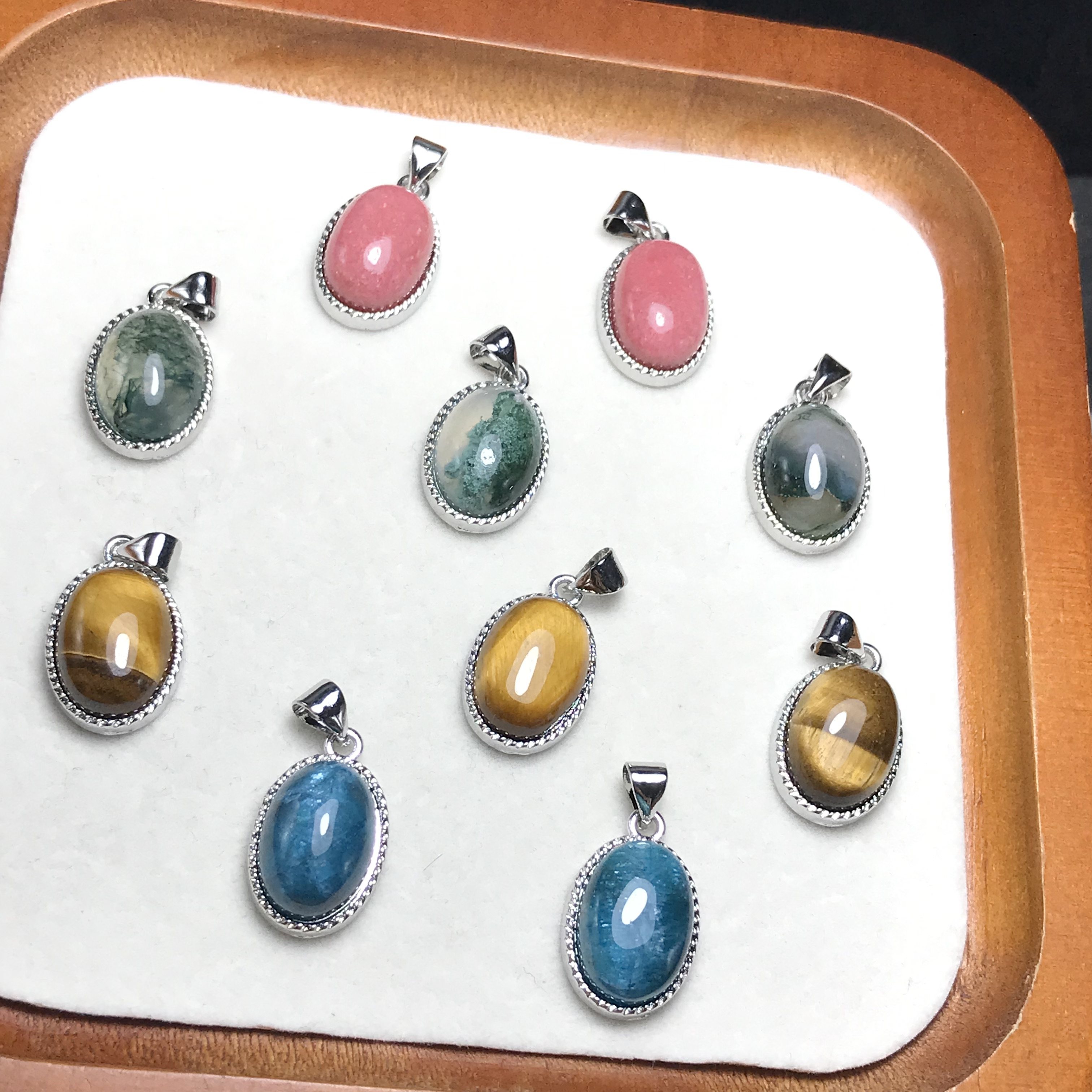 A050天然虎眼石/水草玛瑙等吊坠白铜托10*14mm非纯银戒指YX成品