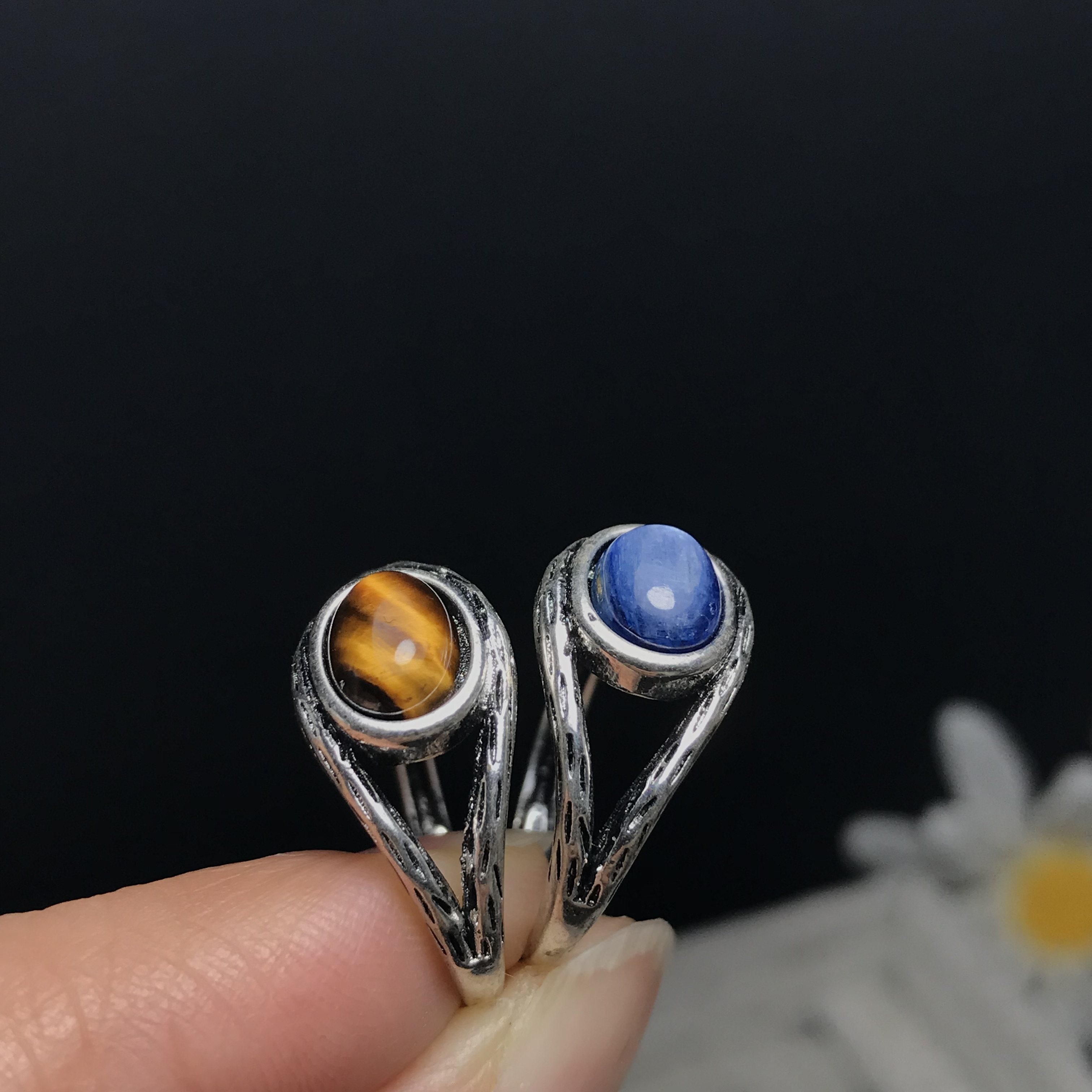 A059天然蓝晶石/虎眼石/石榴石可调节白铜托6*8非纯银戒指YX成品图片