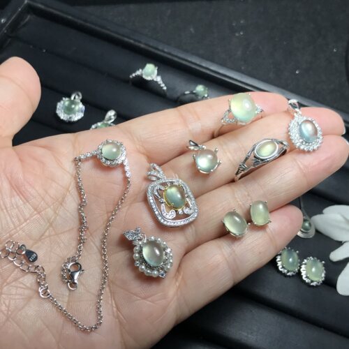#s925 银新品天然葡萄石椭圆/方形镶嵌成品戒指吊坠耳钉耳钩手链