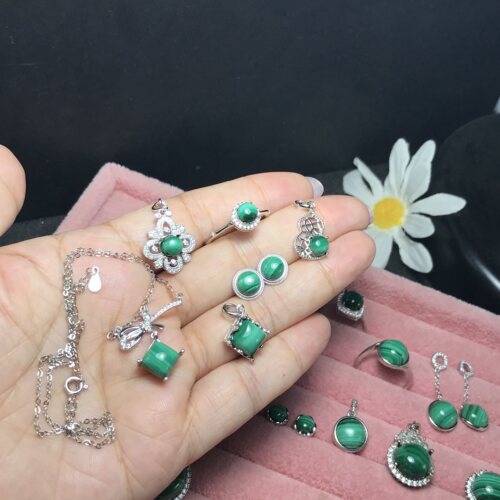 #s925银新品天然孔雀石椭圆形条纹裸石镶嵌成品戒指吊坠耳钉手链