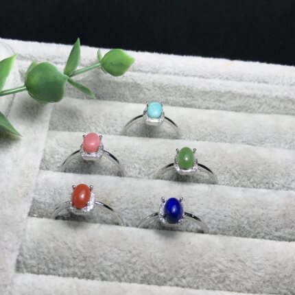 A060天然青金石/蔷薇石/碧玉可调节白铜托5*7非纯银戒指ZC成品